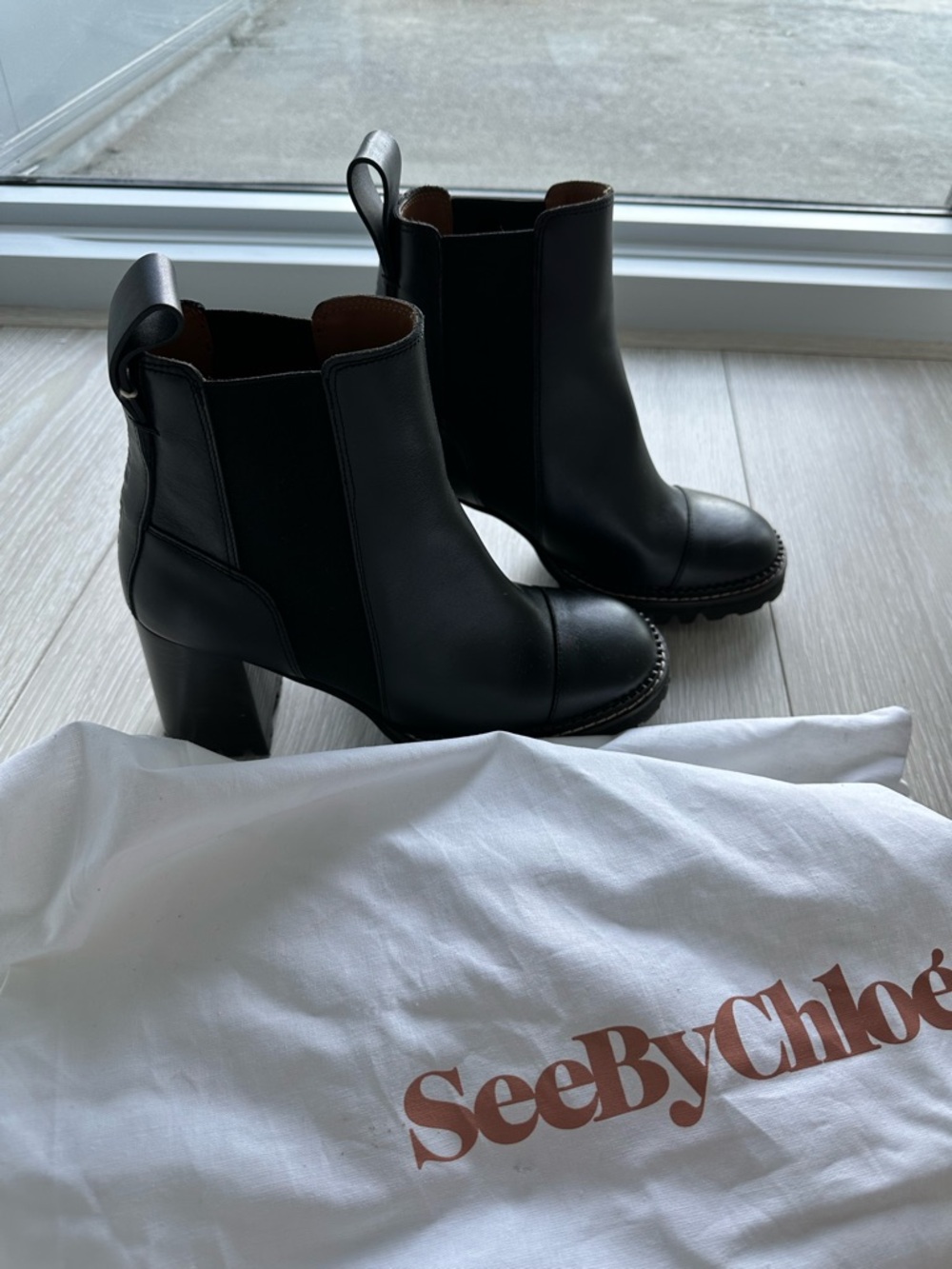 See By Chloe Black Leather Mallory Chelsea Ankle Boots with Block Heel
